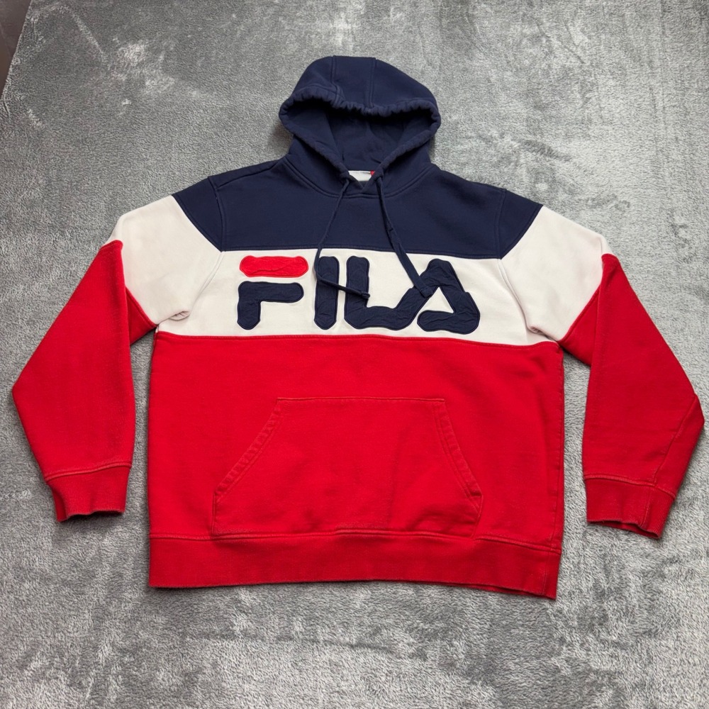 Classic Fila Hoodie Sweatshirt Mens Large Red White Navy Good Tricolor Logo